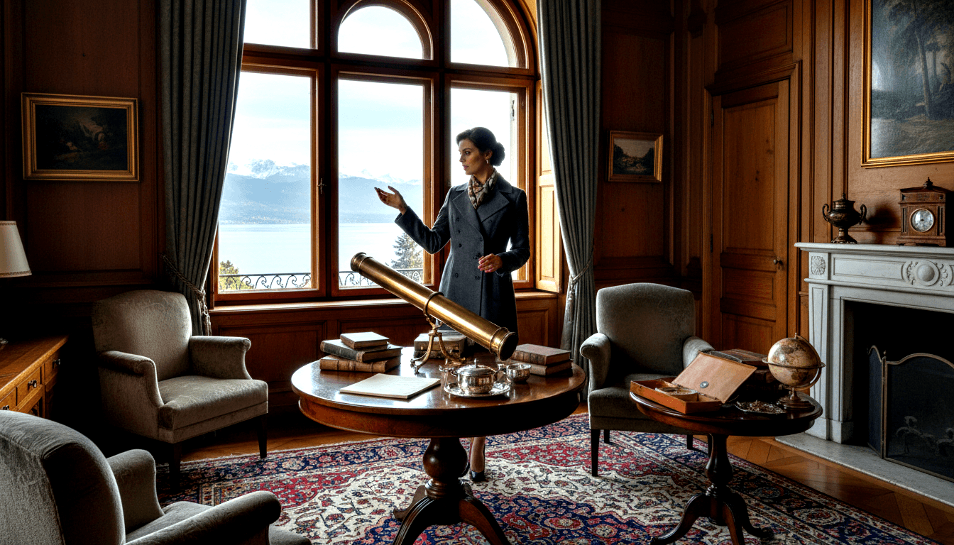 Woman in grey double-breasted coat gesturing near brass telescope, books, and globe in wood-paneled Victorian interior with marble fireplace.