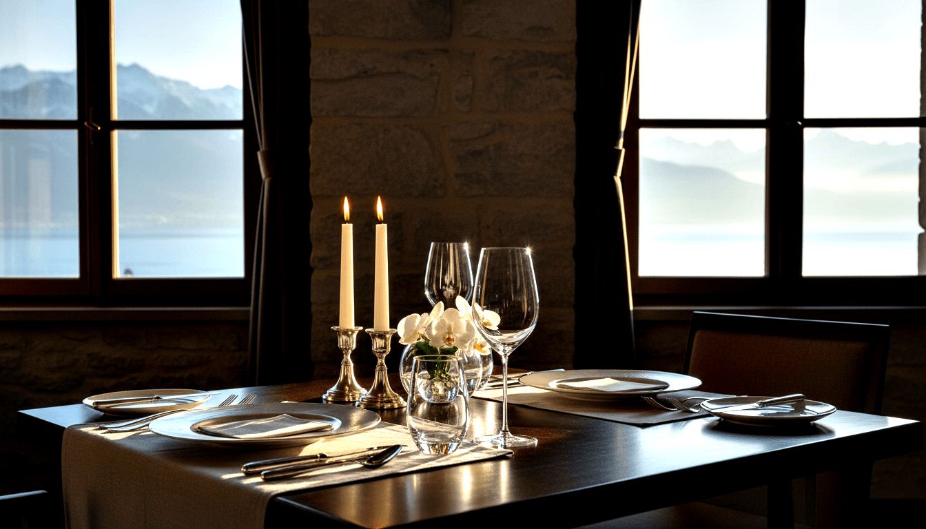 Dining table for two with white plates, linen napkins, silver cutlery, crystal wine glasses, lit taper candles, and white orchids.