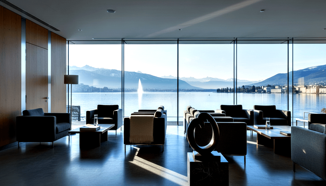 Lounge with polished concrete floors, wood-paneled walls, glazing overlooking a lake with fountain and snow-capped mountains.
