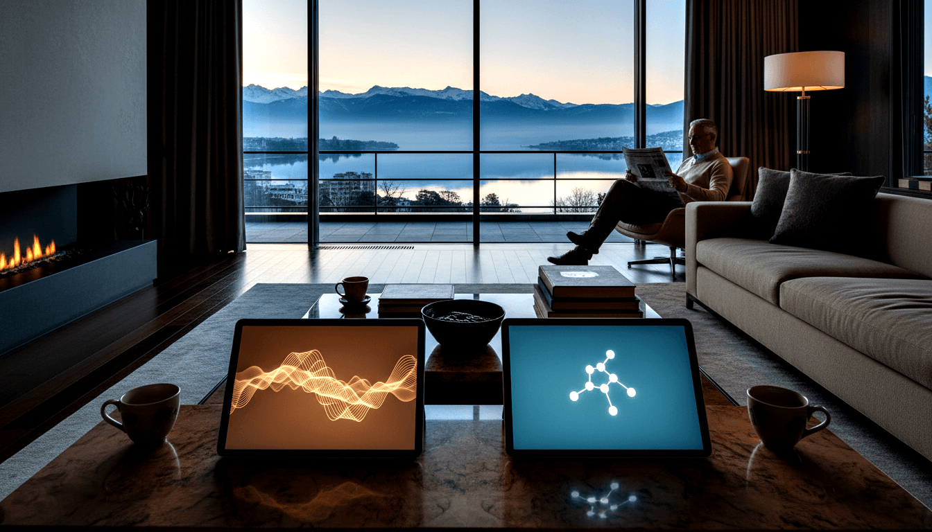 Silver-haired man reads in leather chair by fireplace; stone table with tablets; floor-to-ceiling windows show lake and snowy mountains.