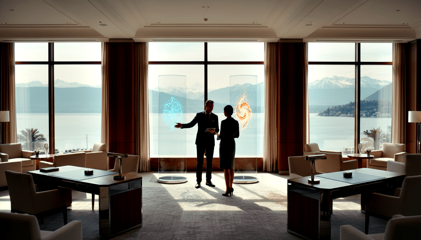 Two silhouetted figures stand between tall cylinders emitting blue geometric and swirling orange light in a dim lounge with mountain views.