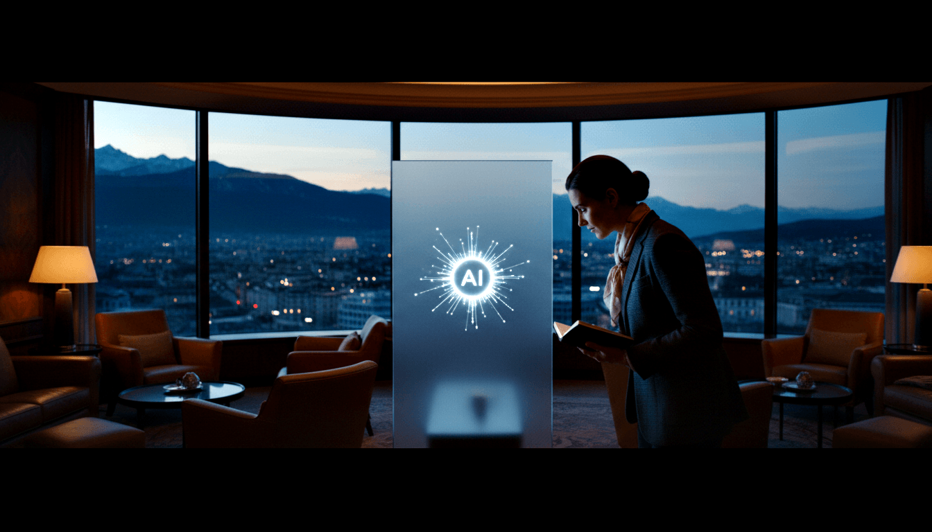 Dimly lit lounge with panoramic city and mountain dusk views; glowing white AI kiosk centered; woman in grey-blue blazer reading a tablet.