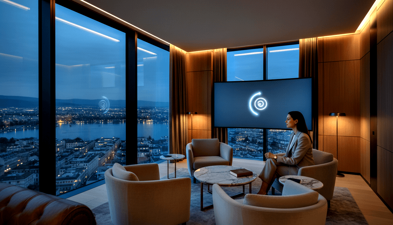 Woman in beige blazer sits cross-legged in armchair facing a glowing white spiral on a screen; twilight cityscape behind her.