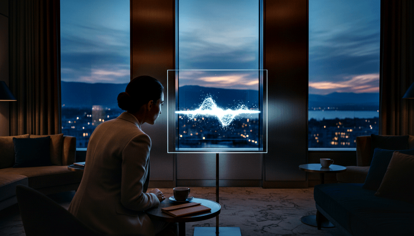 Woman in cream blazer seated at round table with coffee and journal, facing a glowing cyan holographic audio waveform on a stand.