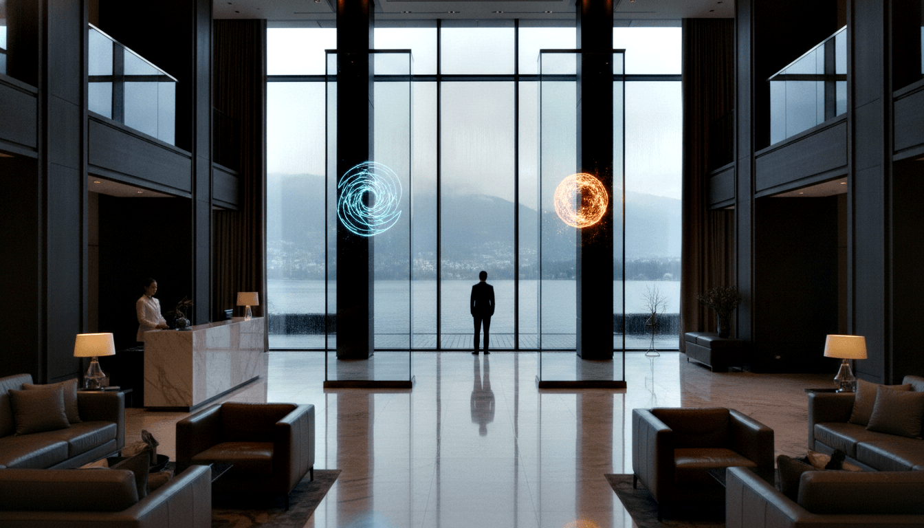Silhouetted man in dark suit facing glass wall with lake and mountain view in grand marble lobby with cyan and fiery orbs.