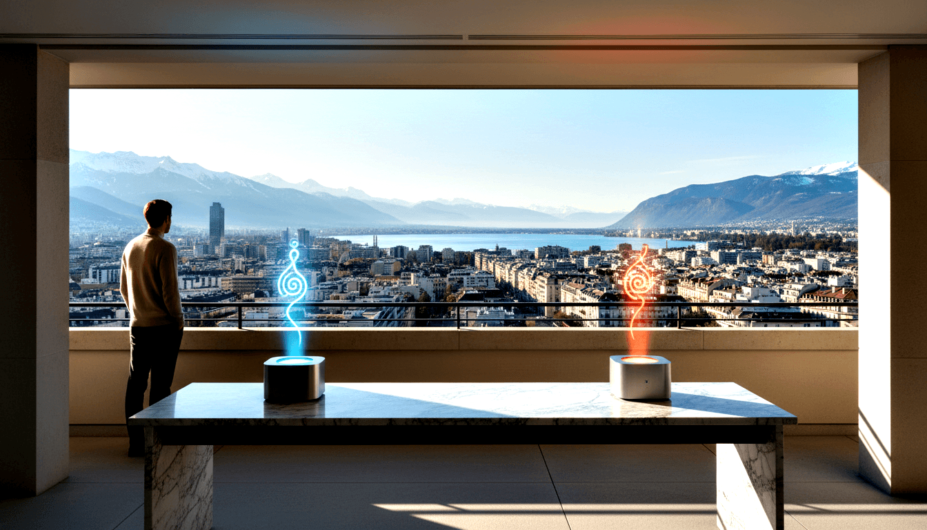 Man at panoramic window overlooks lakeside city with snowy peaks; blue and red holographic spirals glow above silver devices on marble table.