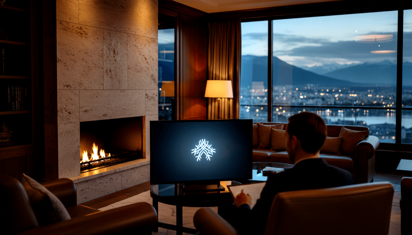 Man in dark suit seated in leather armchair facing a TV showing a geometric snowflake, beside a stone fireplace with active flames.