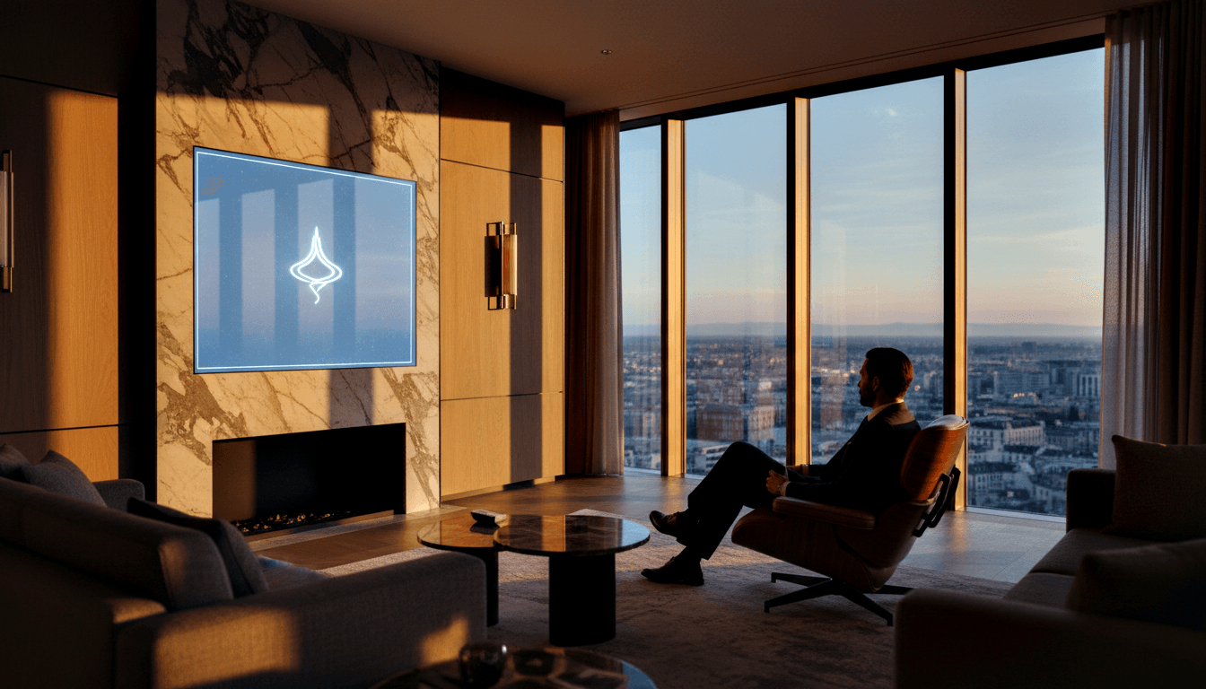 Man in dark suit sits in leather chair facing floor-to-ceiling windows overlooking a dusk cityscape in amber light.