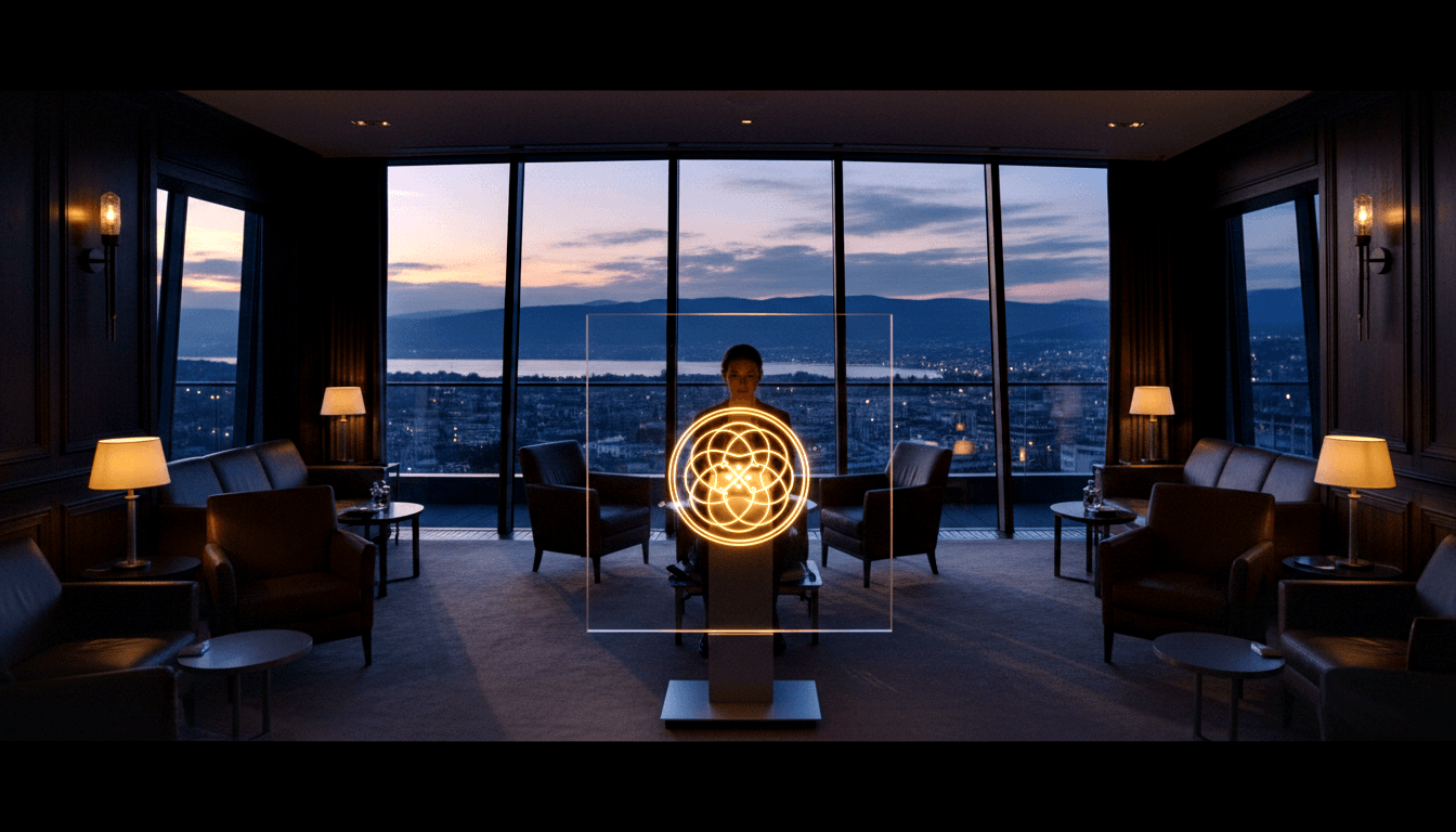Woman seated in dimly lit high-rise lounge with floor-to-ceiling windows, facing a large glowing amber-gold circular geometric symbol.