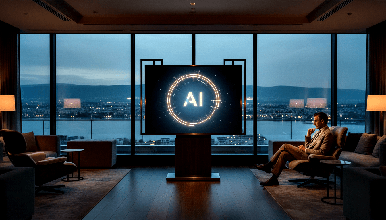 Freestanding display on wooden pedestal showing 'AI' in a glowing ring, with a middle-aged man in a tan suit seated in an armchair gazing at it.