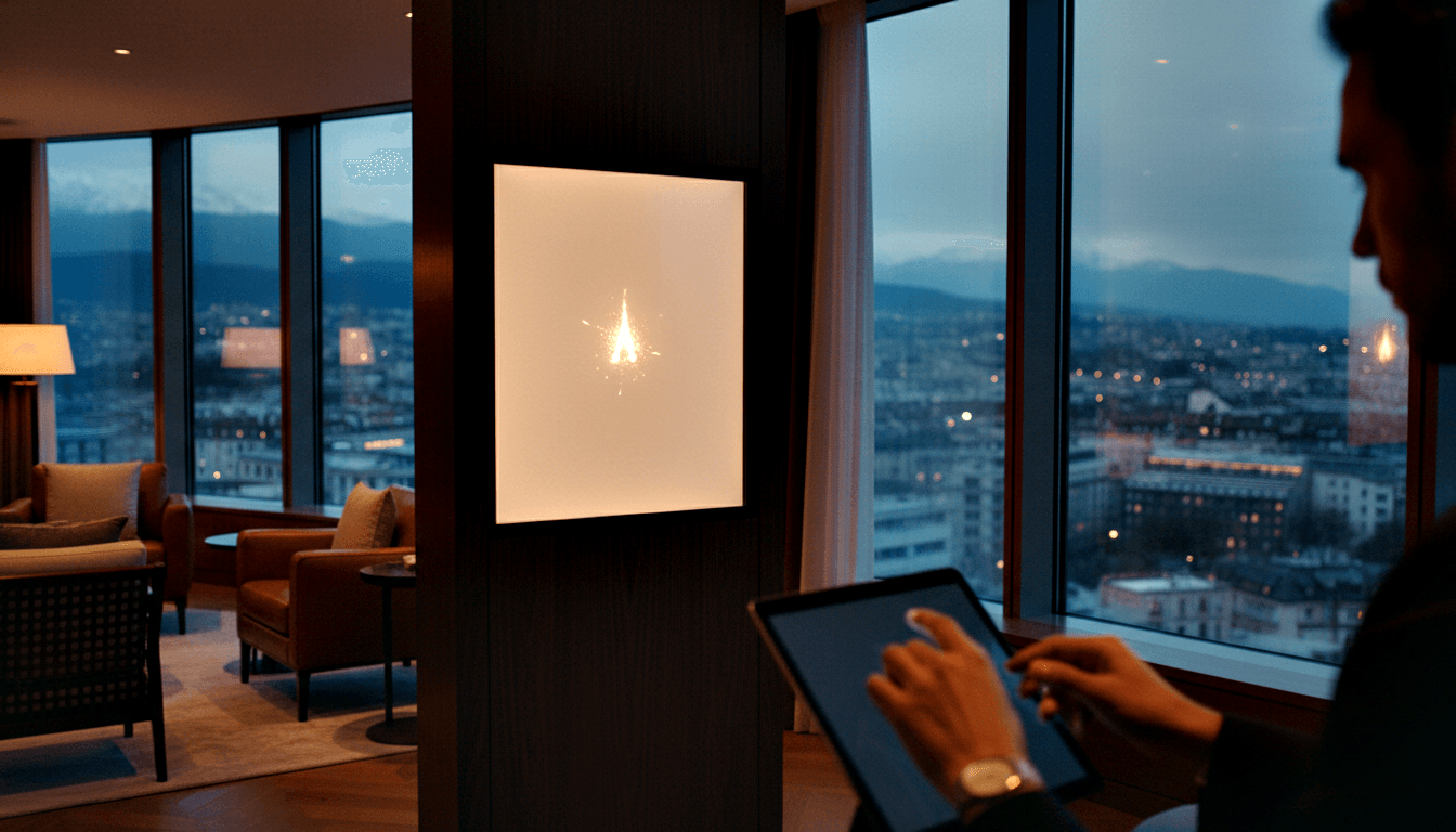 Person in dark jacket and gold watch holds tablet near column with glowing flame motif; floor-to-ceiling windows show urban skyline at dusk.