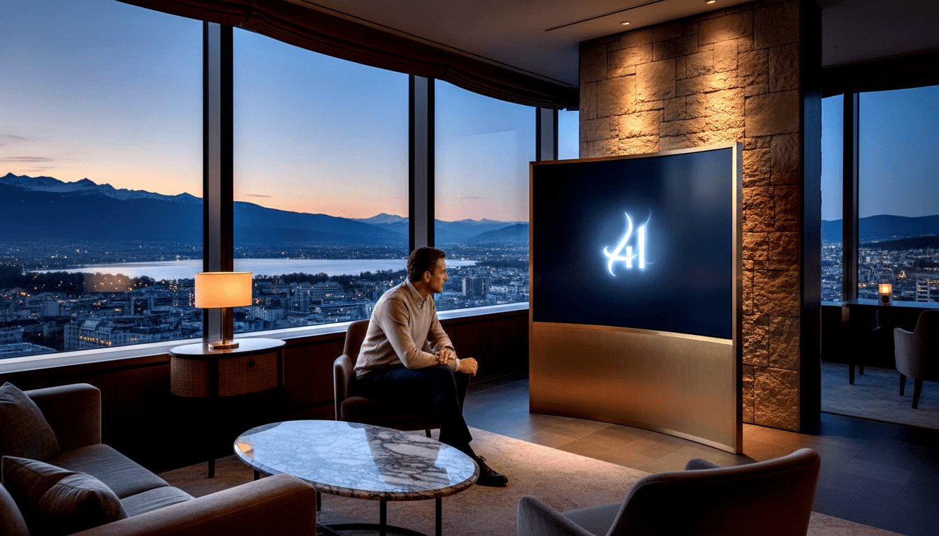 Man in beige sweater sits in leather chair gazing at twilight city skyline with lake and mountains through curved floor-to-ceiling windows.