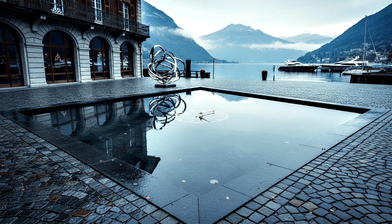 Stainless steel interlocking rings sculpture on granite pedestal beside mirror water basin, alpine lake and misty mountains behind.