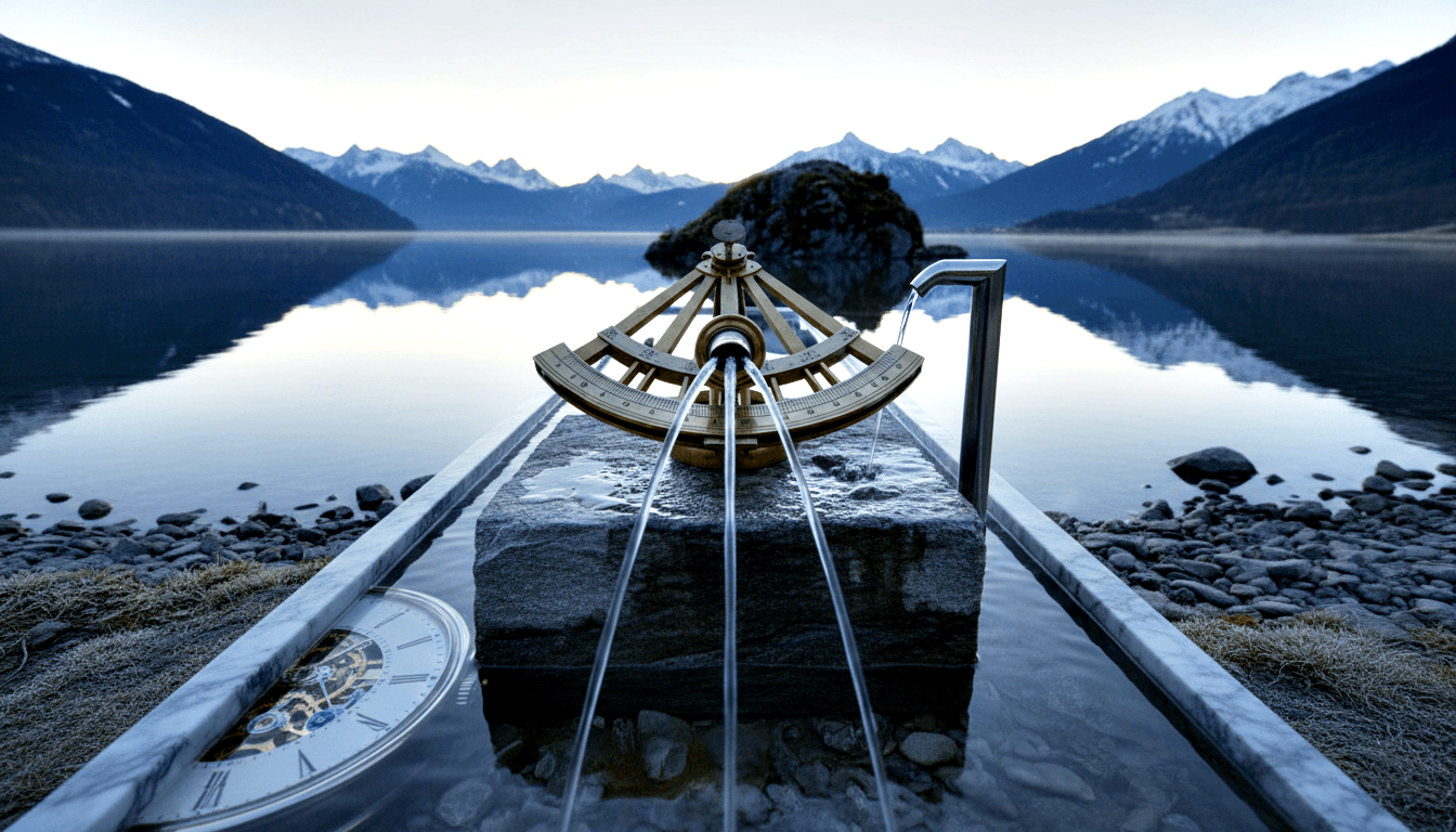 Brass sextant on granite pedestal, skeleton clock with Roman numerals, stone trough, calm alpine lake with snowy mountains at dusk.