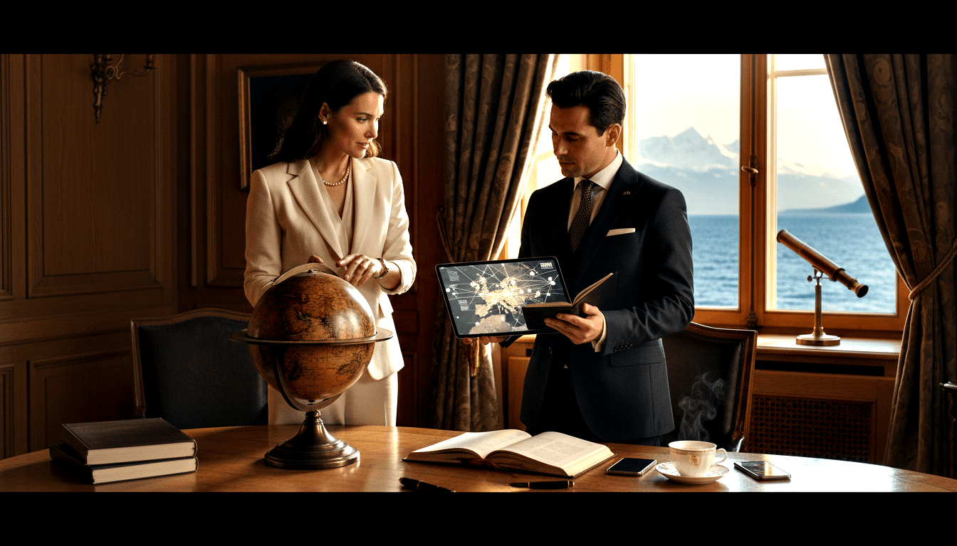 Woman in cream blazer gestures at vintage globe; man in navy suit holds tablet at wood-paneled desk with books, teacup, and smartphone.