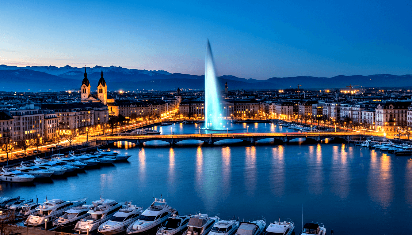 Twilight marina: white yachts, stone bridge with amber light trails, tall fountain, Gothic church spires, mountains.