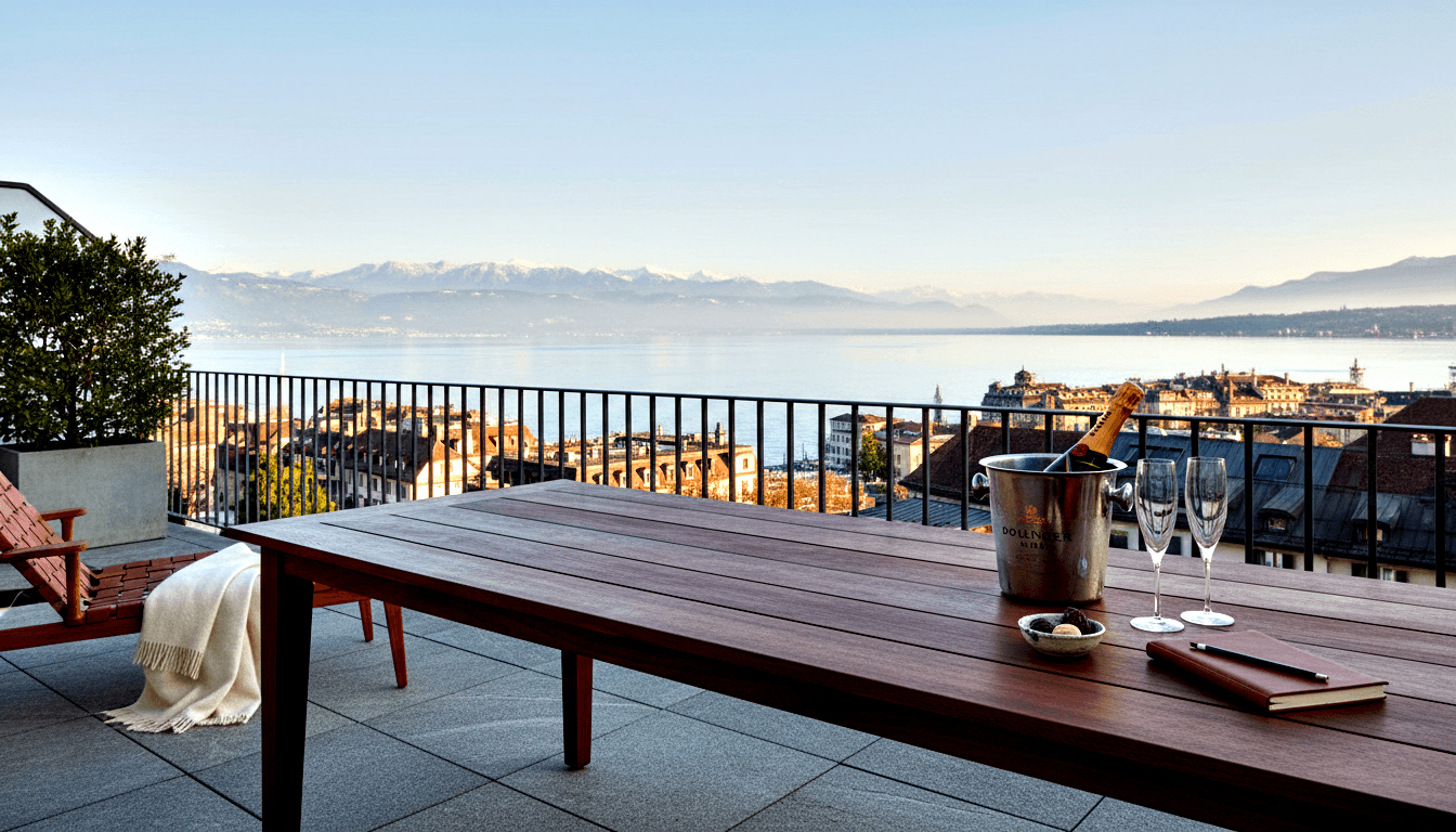 Rooftop terrace with dining table, champagne flutes, ice bucket, and view of terracotta rooftops, lake, and snow-capped mountains.