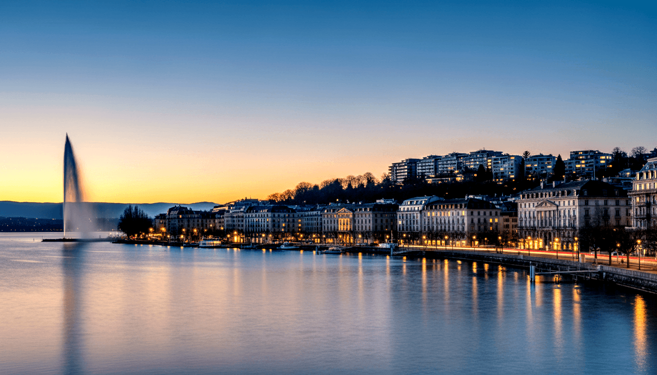 White water jet rises above calm lake at blue hour; amber streetlamps line neoclassical promenade; vehicle light trails in foreground.