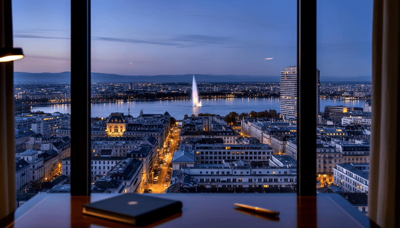 Desk with notebook and pen by floor-to-ceiling windows overlooking lake with illuminated water jet and city skyline at twilight.