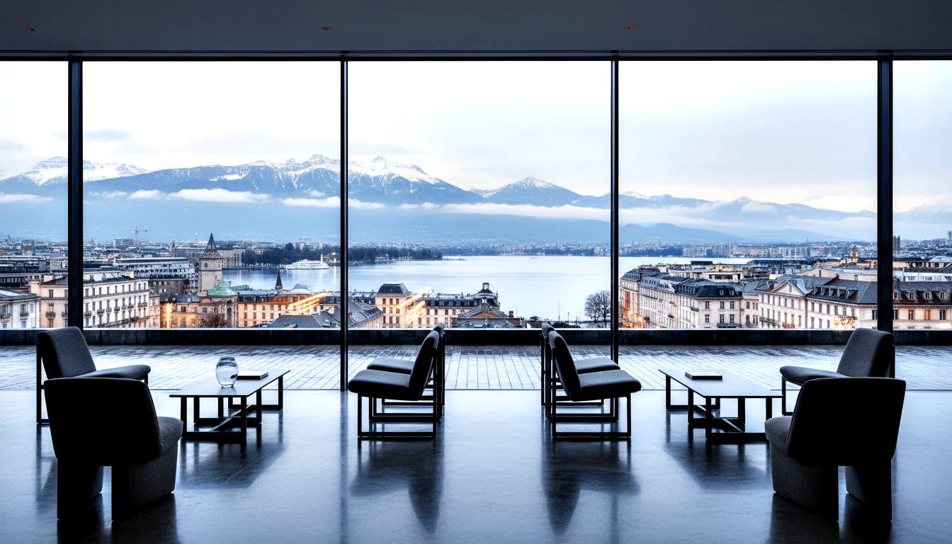 Symmetrical lounge with floor-to-ceiling glass panels framing a panoramic lake, classical architecture, and snow-capped mountains.