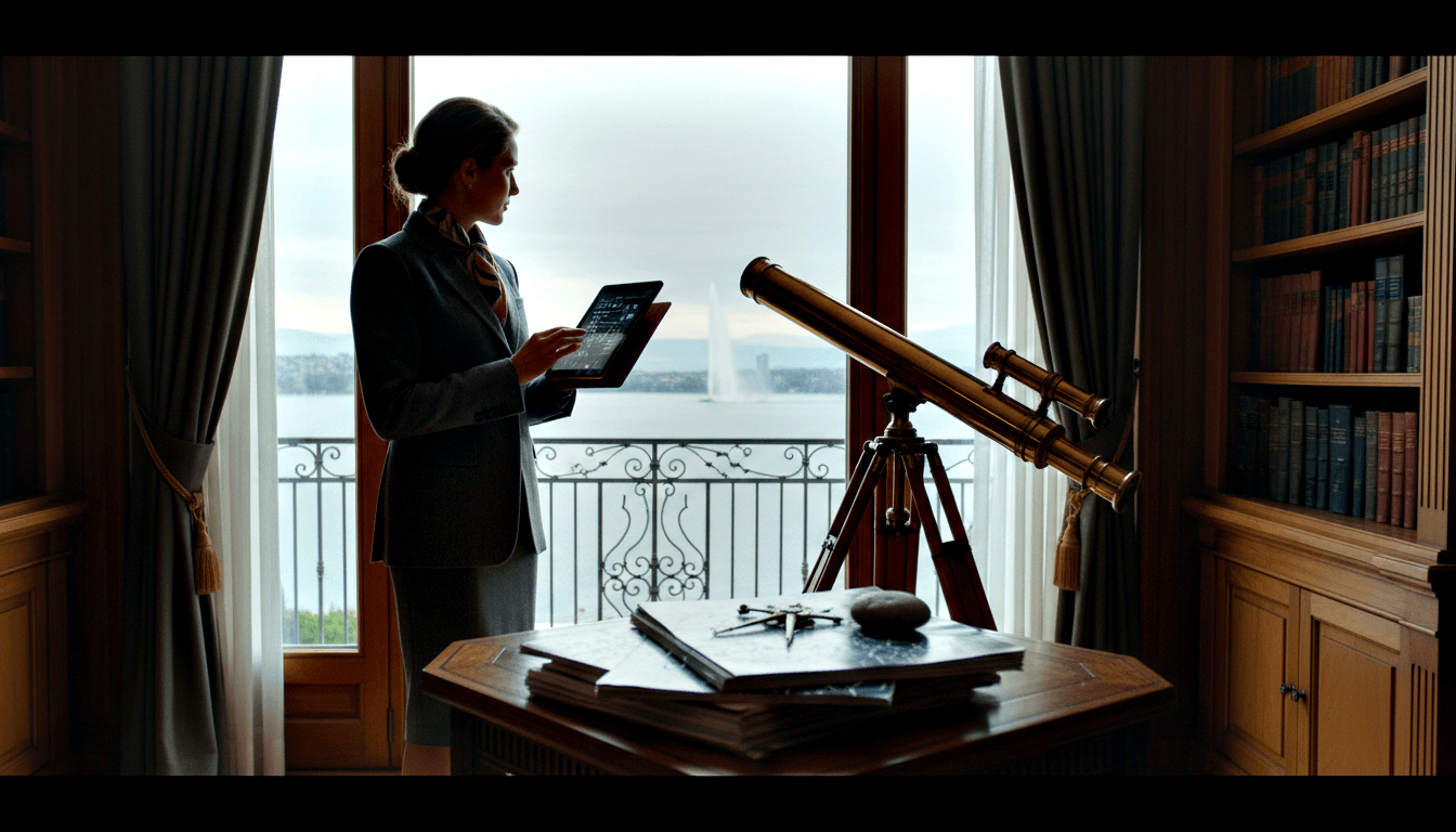 Woman in grey blazer and scarf holds illuminated tablet beside a brass refracting telescope in a wood-paneled study with bookshelves.