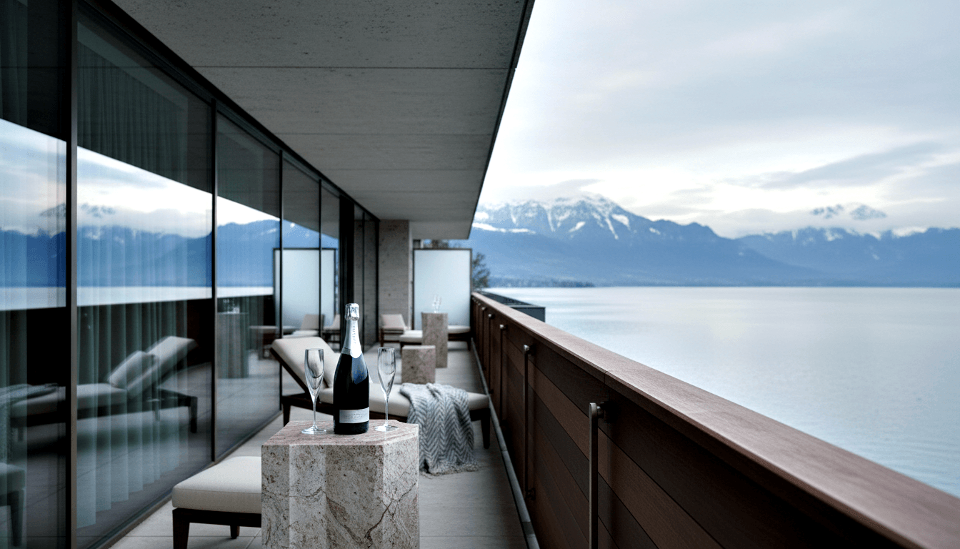 Bottle and two crystal champagne flutes on stone pedestal, overlooking a calm lake with snow-capped mountains under overcast sky.