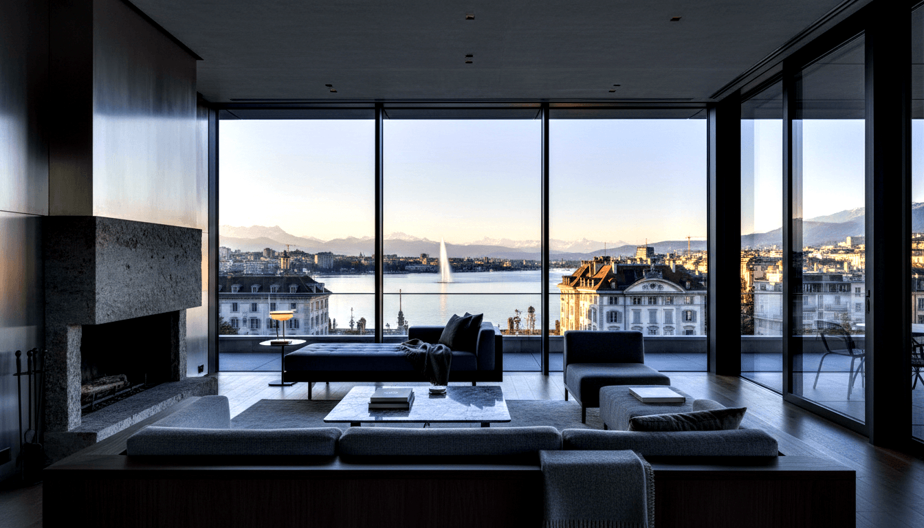 High-floor apartment with gray sectional, marble table, and stone fireplace facing floor-to-ceiling windows with lakeside cityscape at dusk.