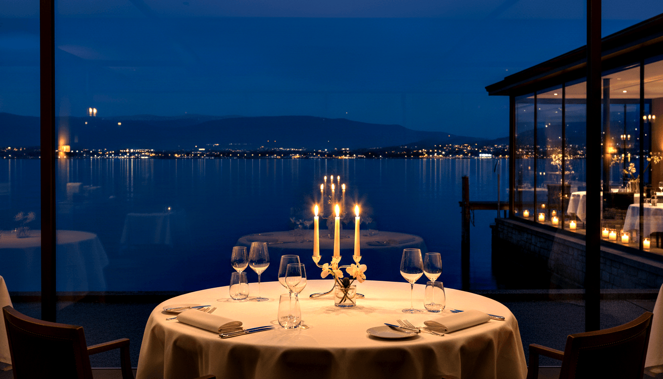 Candlelit table for two with white linen, six wine glasses, silver candelabra, orchids, and nighttime water view.