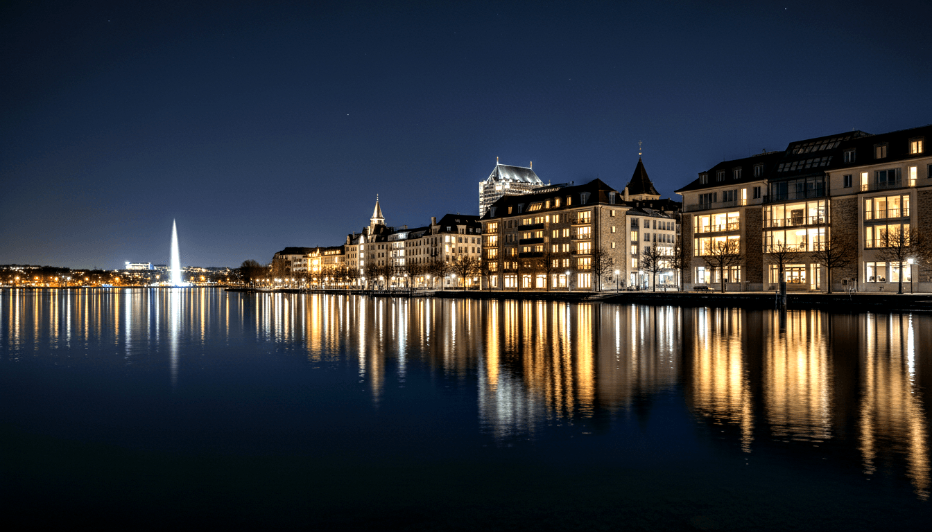 Cream buildings with green copper tower along calm lake promenade at night; amber lampposts, bare trees, golden reflections.