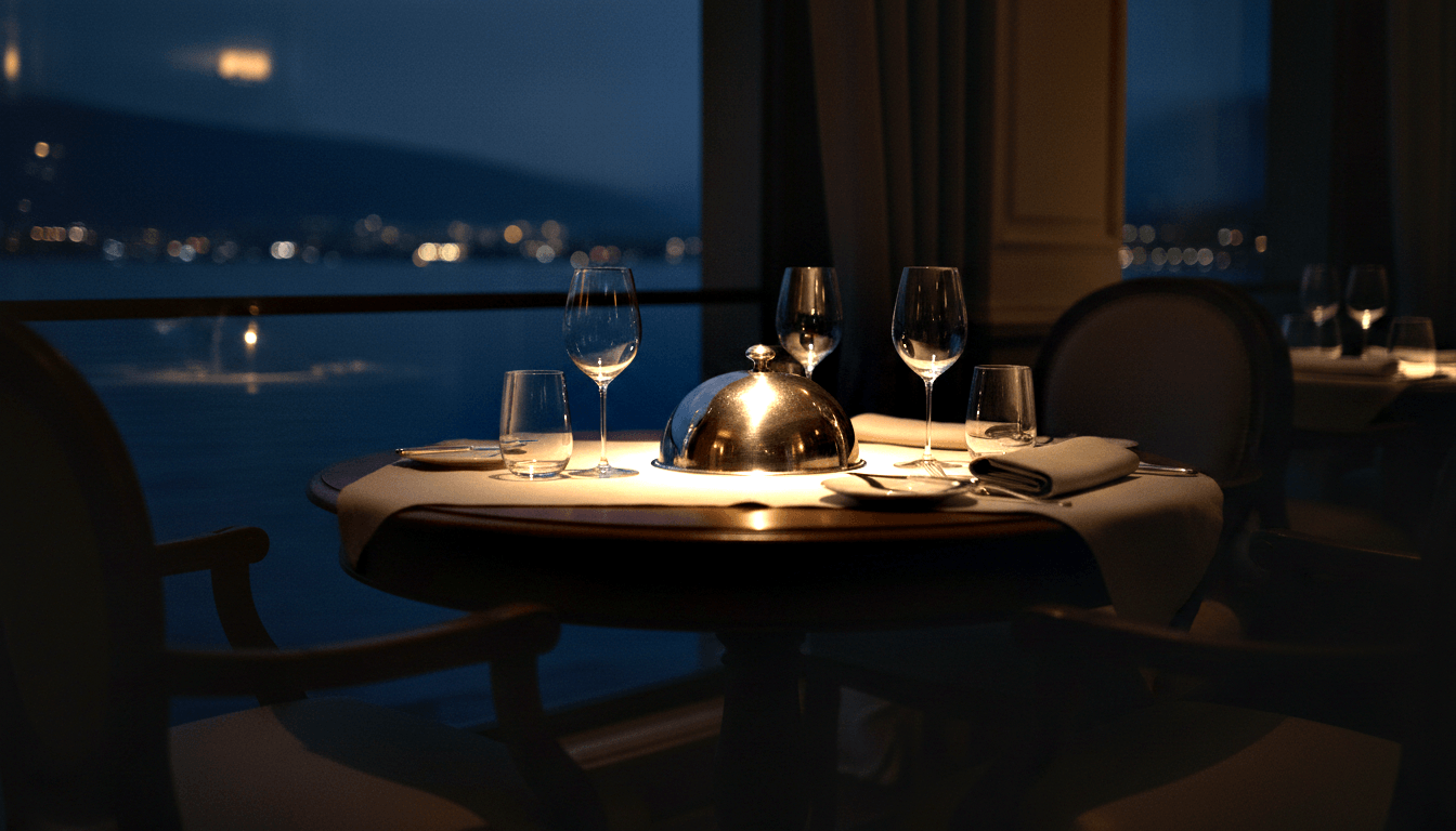 Round dining table for two with glowing silver cloche and wine glasses beside windows overlooking a night skyline.