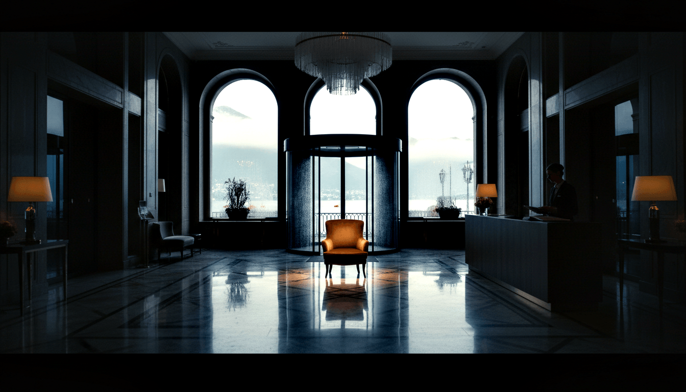 Dimly lit lobby with dark navy walls, amber armchair under crystal chandelier, arched windows revealing water and mountain view.
