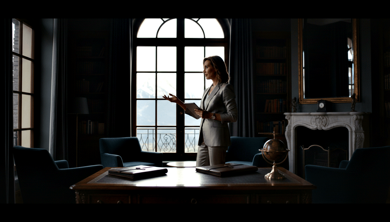 Middle-aged woman in gray suit stands behind wooden executive desk in dim formal study with marble fireplace and mountain view.