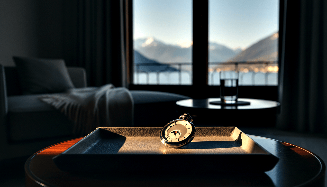 Open gold pocket watch with white dial, Roman numerals, and moon phase subdial on a dark leather tray atop a round wooden table.