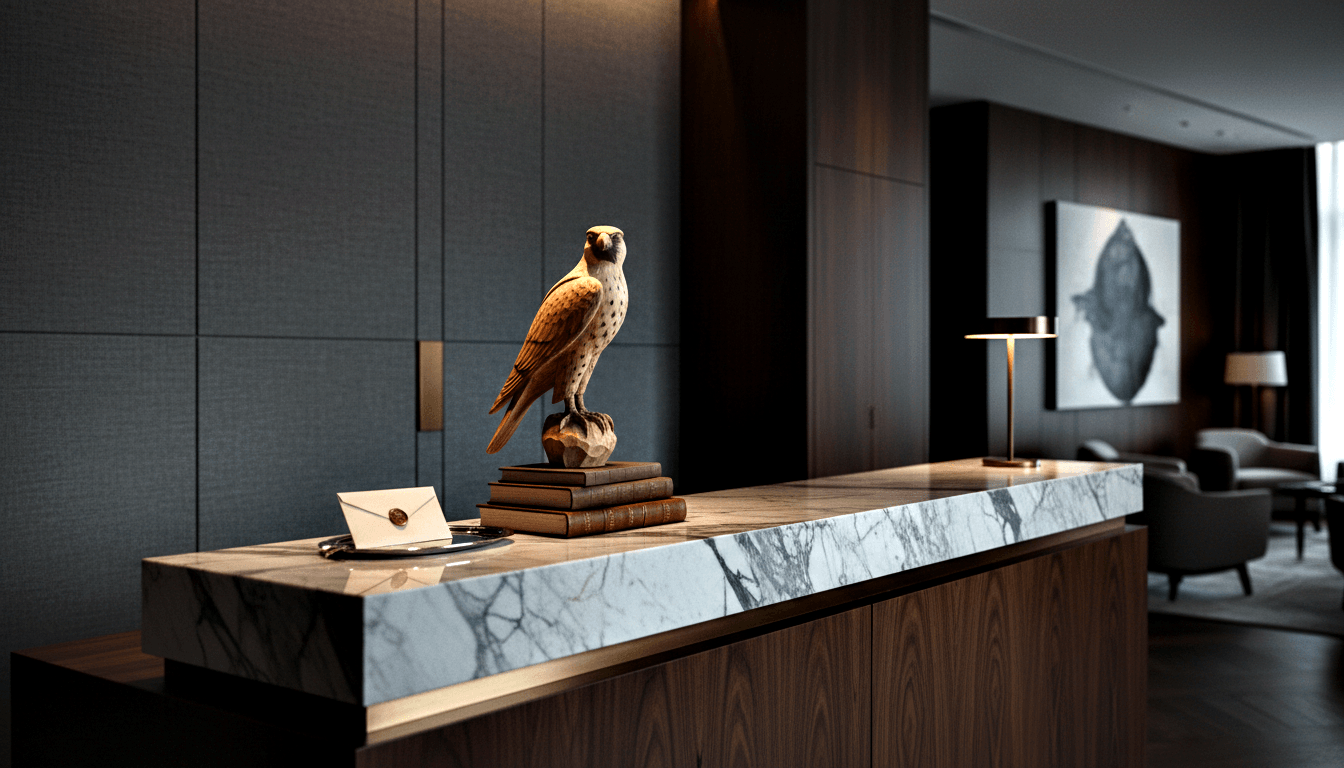 Carved falcon sculpture atop leather-bound antique books on a marble brass-trimmed desk, with wax-sealed envelope and brass lamp.