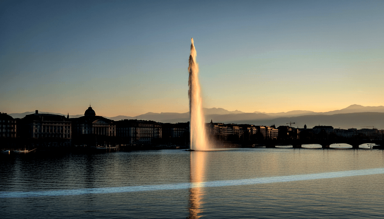 Tall white water jet shoots from a lake at golden hour, reflected below, with historic buildings and masonry bridge silhouetted.