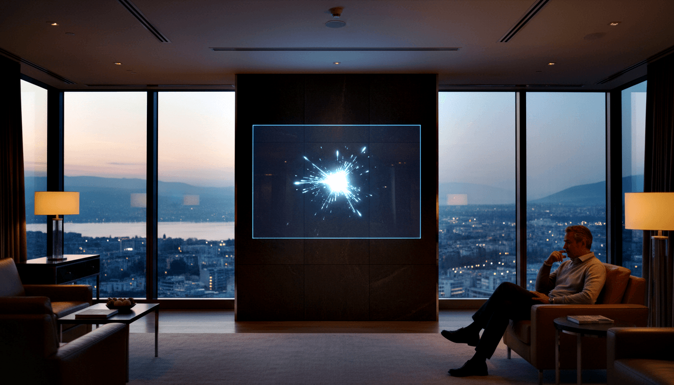 Man in light sweater sits in leather armchair facing wall-mounted display with blue border, amber lamps flanking it, twilight cityscape behind.