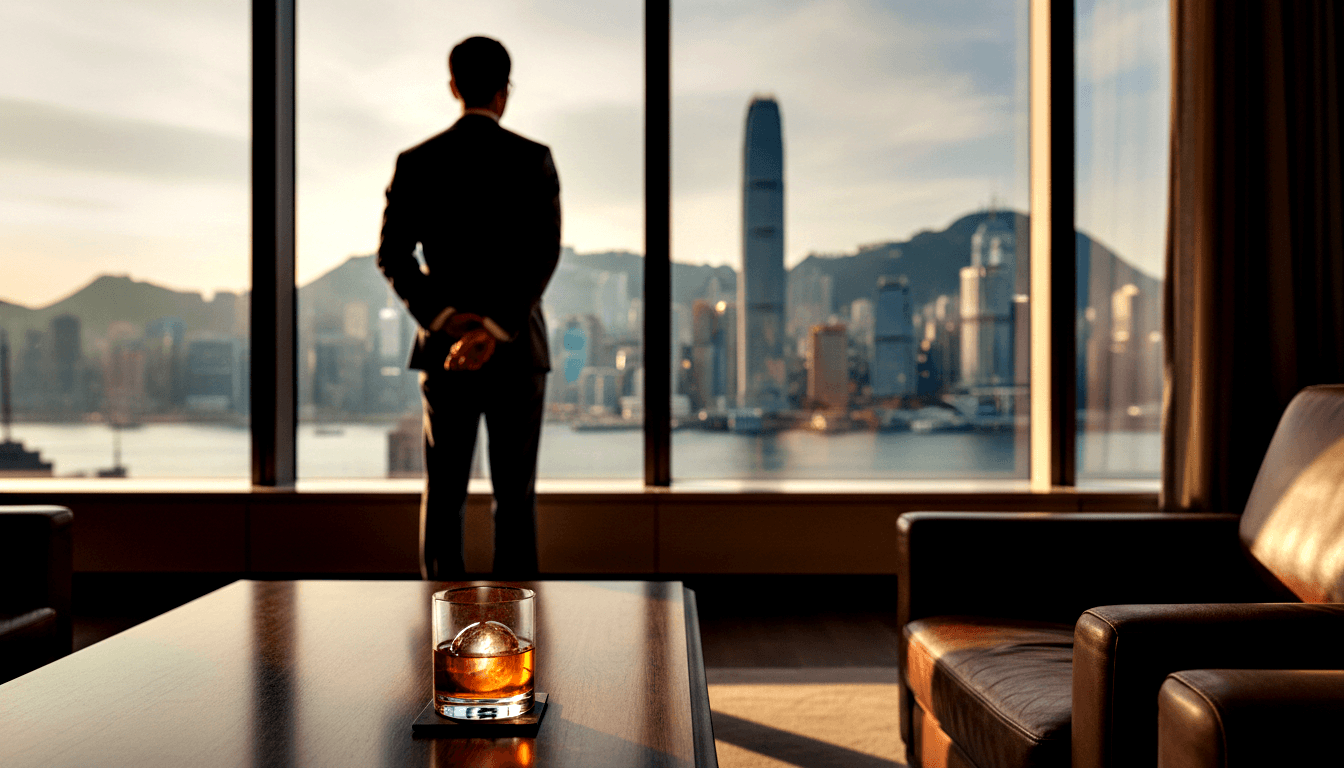 Dark-suited figure at harbor-view windows; crystal rocks glass of amber liquid with spherical ice on dark wood table.