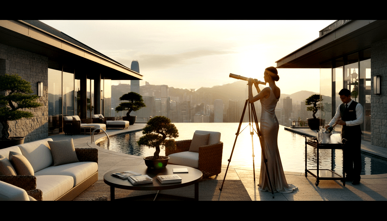 Woman in silver satin gown using brass telescope on rooftop terrace; man tends drinks cart beside infinity pool and urban skyline at dusk.
