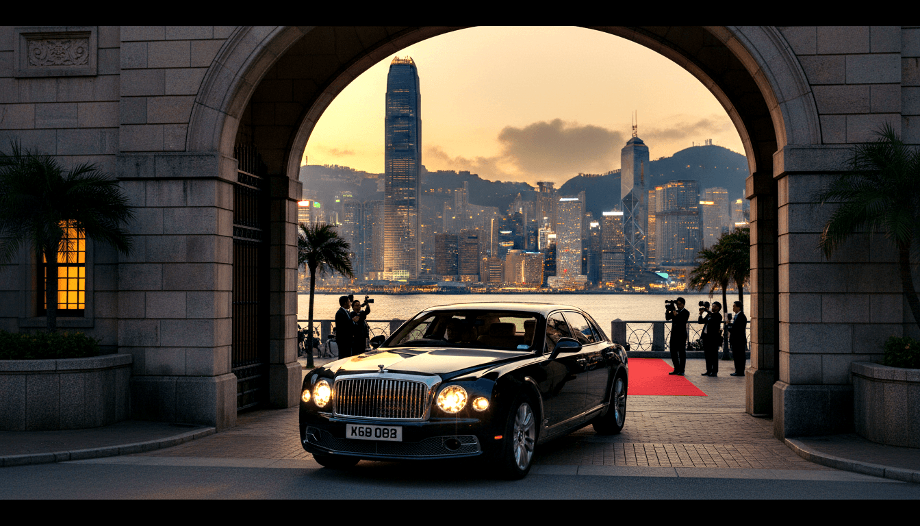 Dark navy sedan with plate K68 088 under a stone archway; photographers in formal attire on red carpet, water reflecting a tower skyline at dusk.