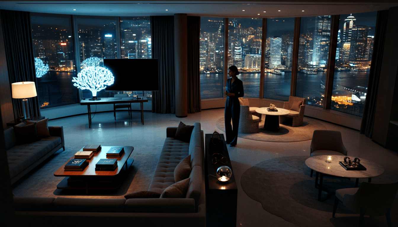 Curved floor-to-ceiling windows at night with sectional sofa, wicker chairs, glowing tree sculpture, and woman in navy near waterfront skyline.