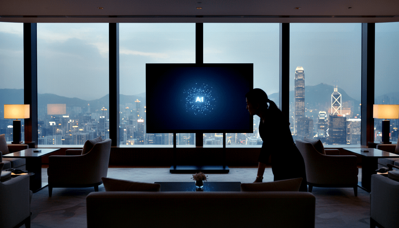 Silhouetted woman leaning toward a floor-standing flatscreen displaying glowing light-blue 'AI' text in a circular particle graphic.