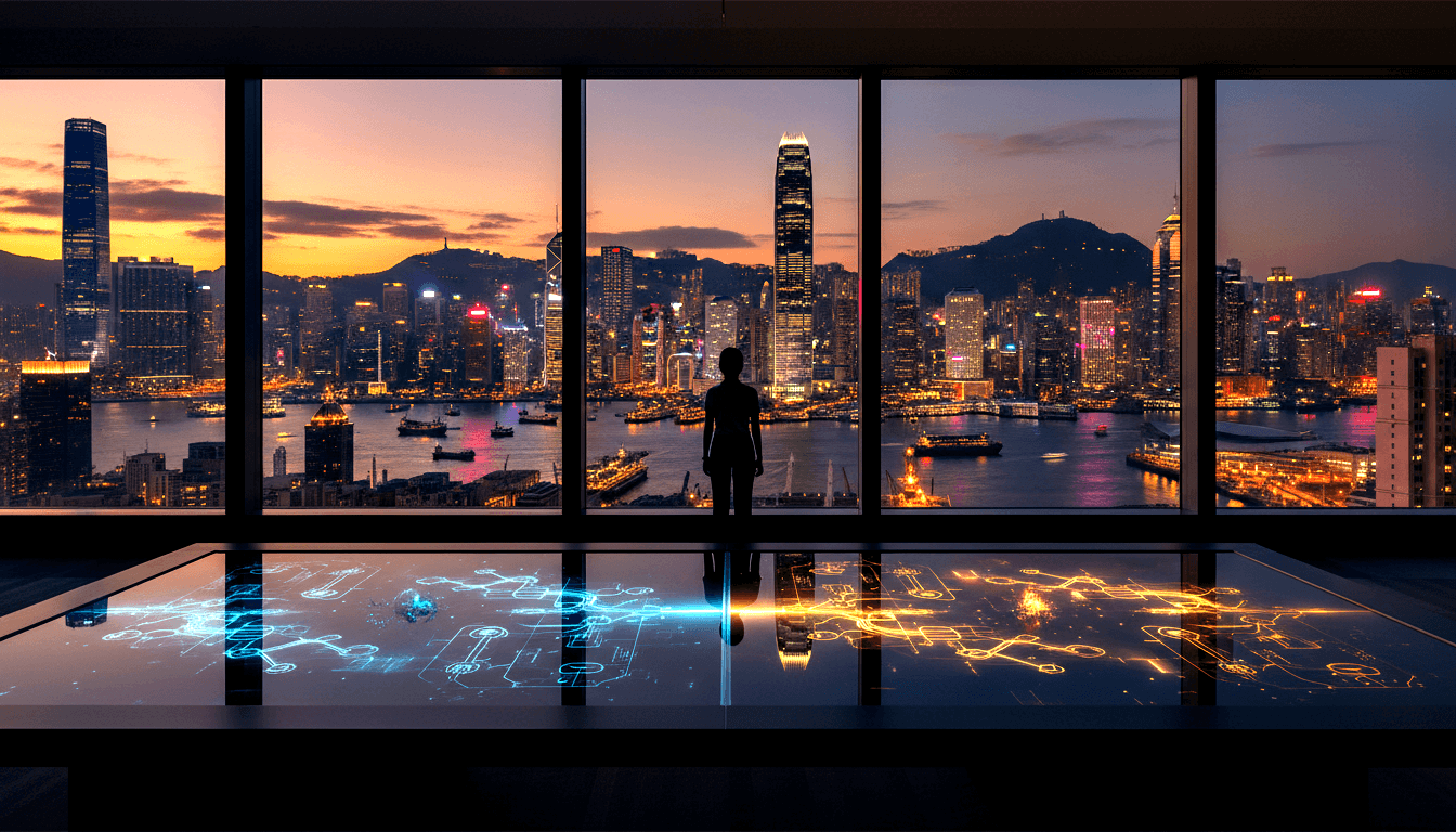 Silhouetted figure at floor-to-ceiling windows overlooking a harbor skyline at dusk with skyscrapers, waterway, and mountains.