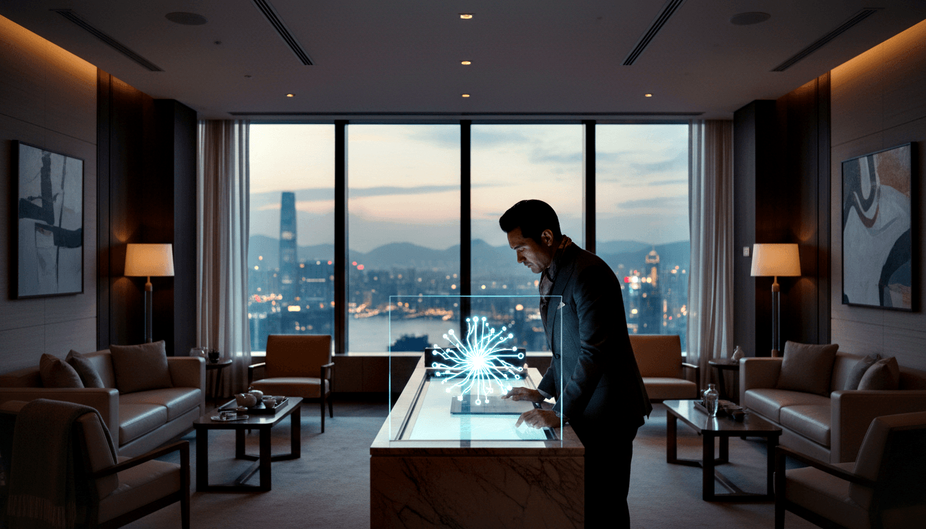 Man in dark suit leans over marble table interacting with a glowing blue-white holographic circuit-node display above a glass surface.