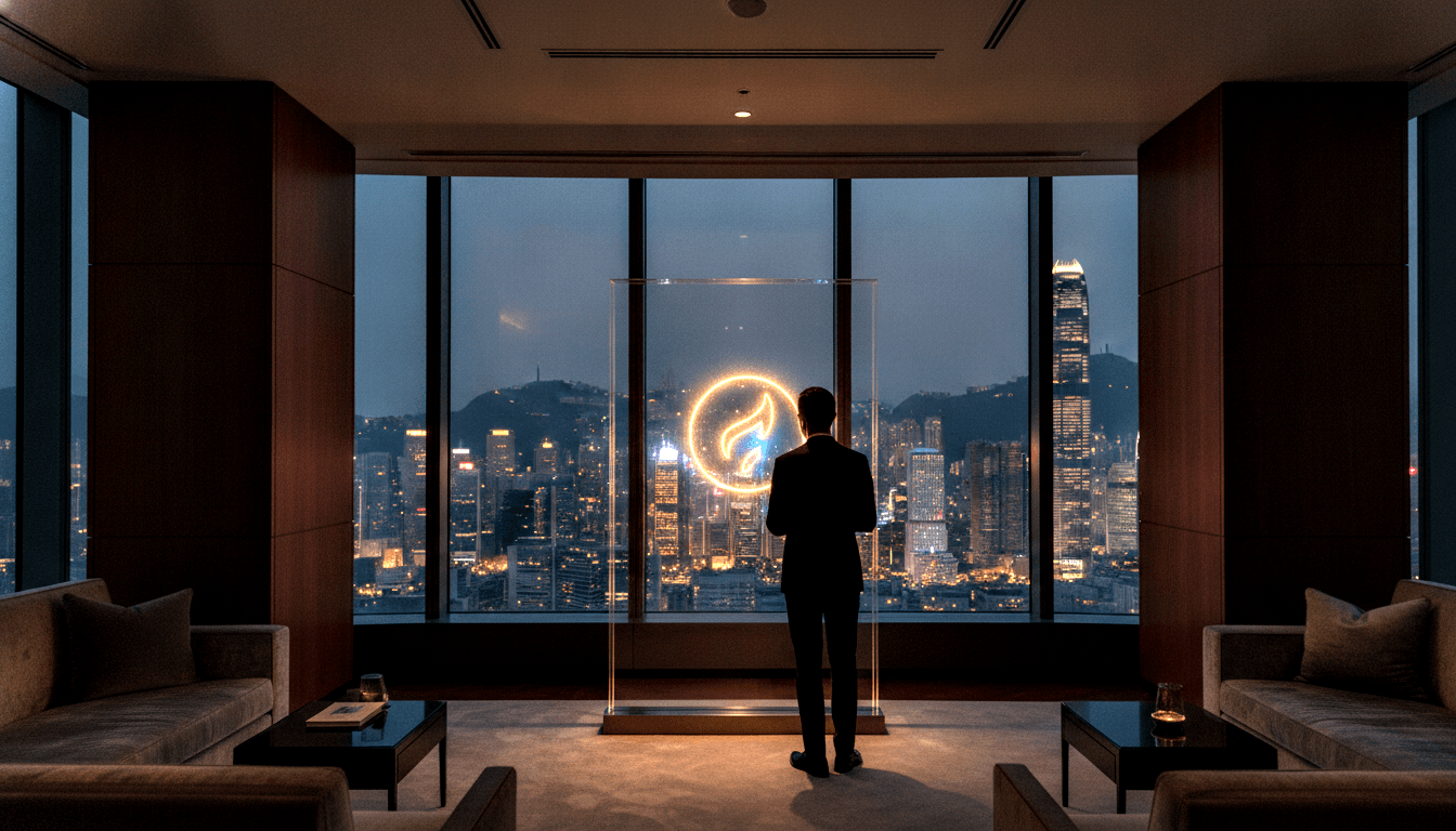 Man in dark suit facing a glowing circular flame emblem in a display case, flanked by two sofas, before a nighttime urban skyline.
