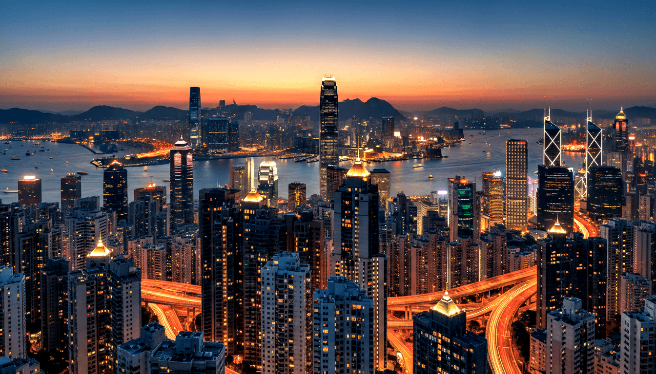 Twilight coastal metropolis with glowing skyscrapers, curved highway light trails, harbor with cargo vessels, and mountain backdrop.