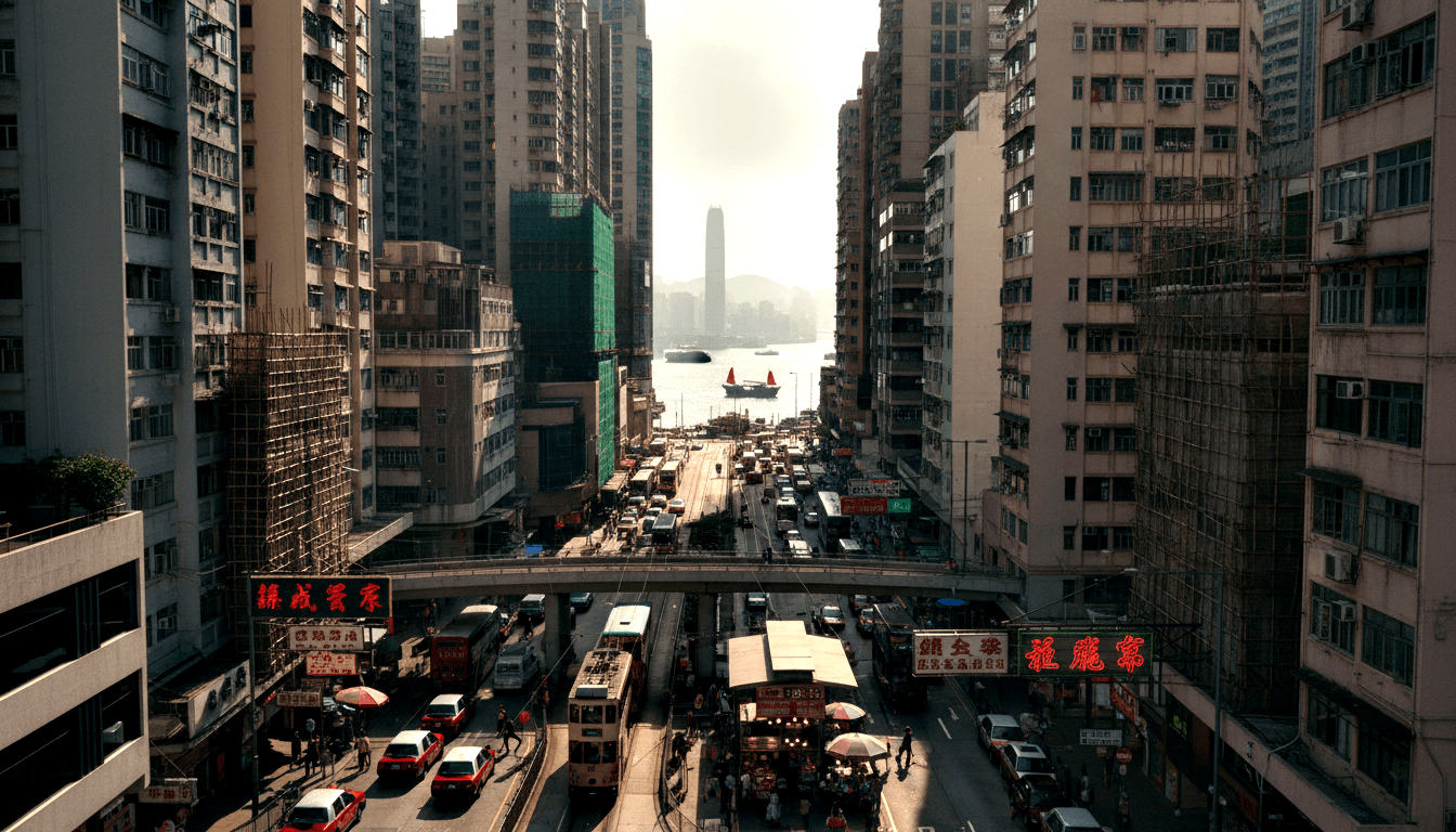 Urban street canyon with double-decker trams, red taxis, and pedestrians; high-rises with Chinese signage, a harbor, and a red-sailed junk.
