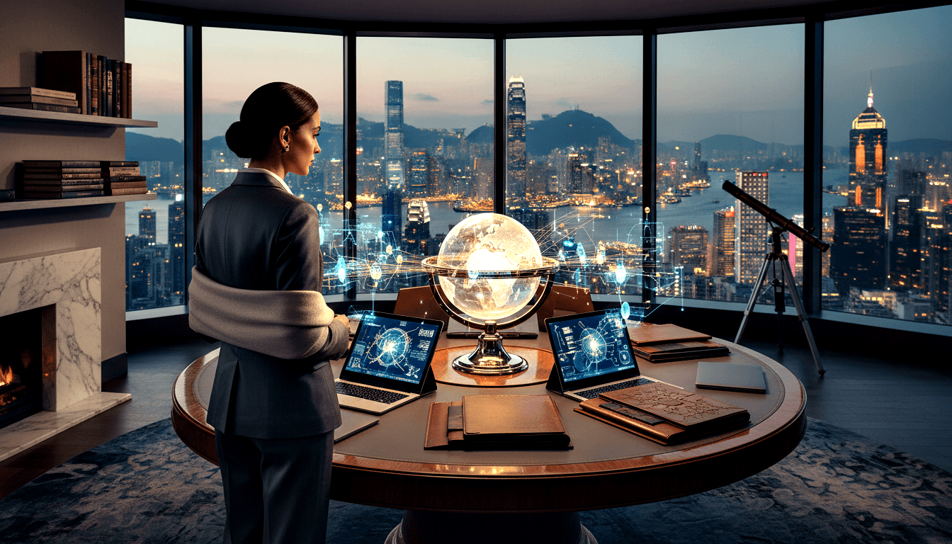 Dark-haired woman in charcoal suit at mahogany desk; glowing globe projects blue network nodes; harbor skyline through curved windows.