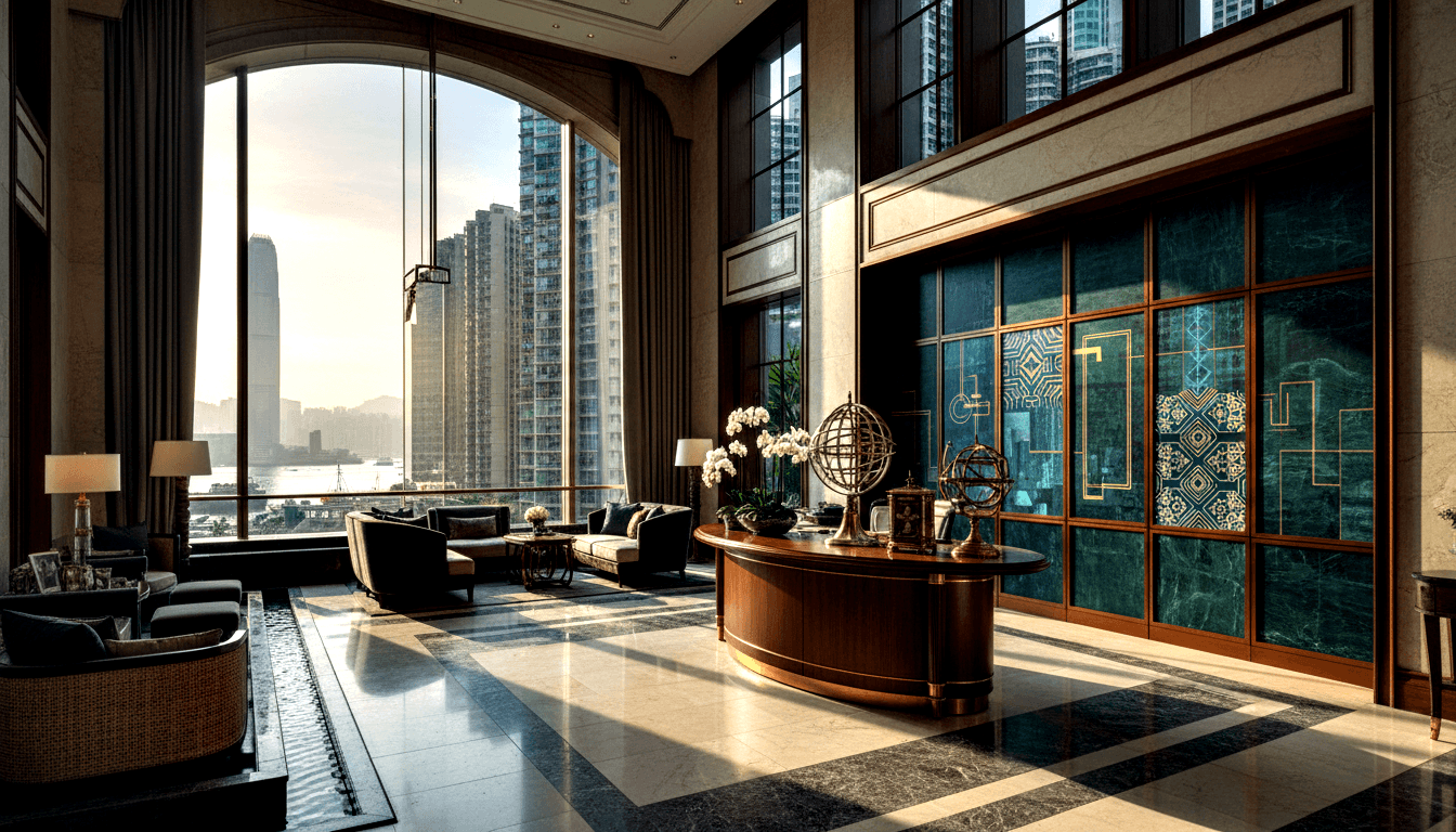 Grand lobby: curved dark wood desk, brass armillary spheres, white orchids, arched windows with high-rise waterfront view.
