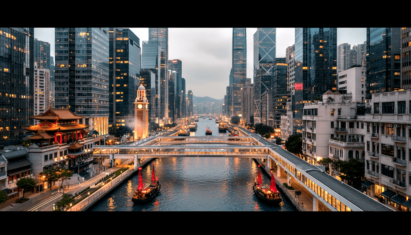 Urban waterway with red-sailed junk boats, pedestrian bridge, clock tower, red pagoda, skyscrapers, and mountains at dusk.