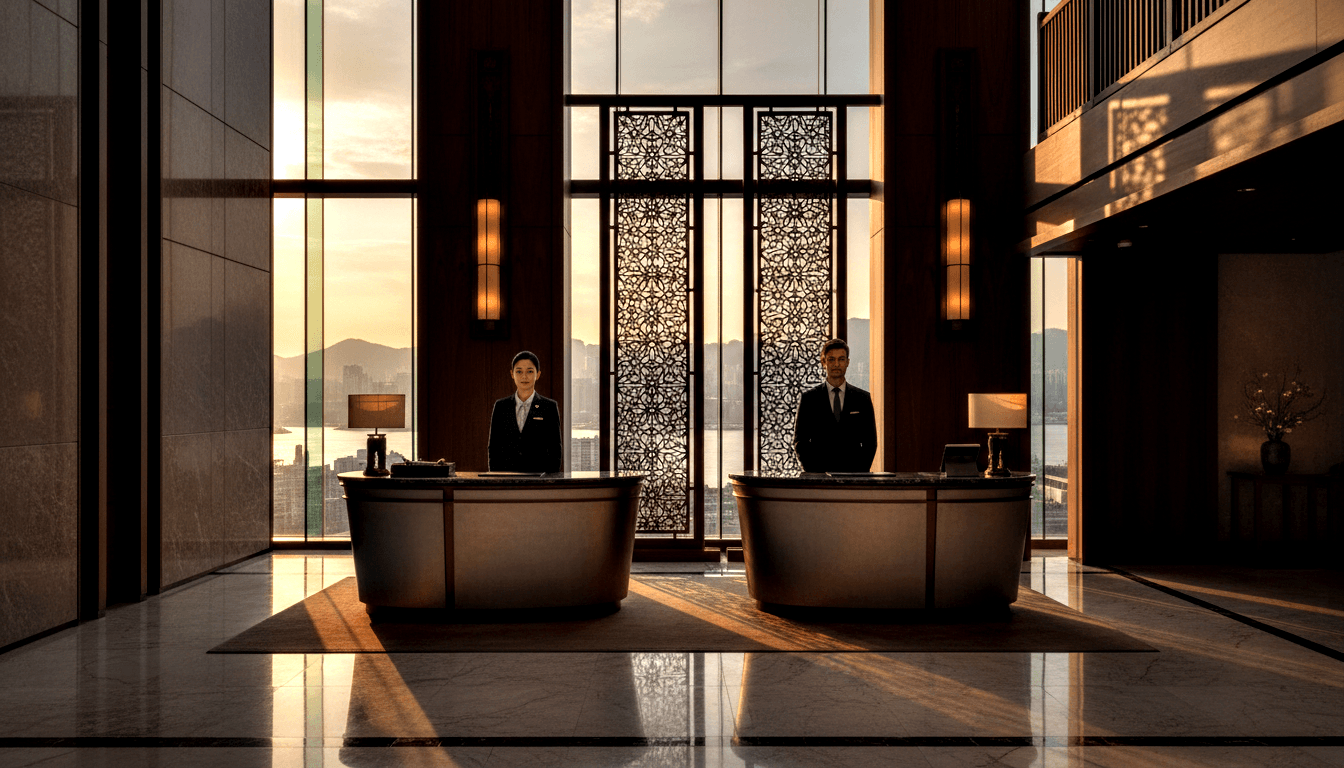 Symmetrical hotel lobby: two curved reception desks, staff in dark uniforms, central lattice screen, waterfront and mountain views.